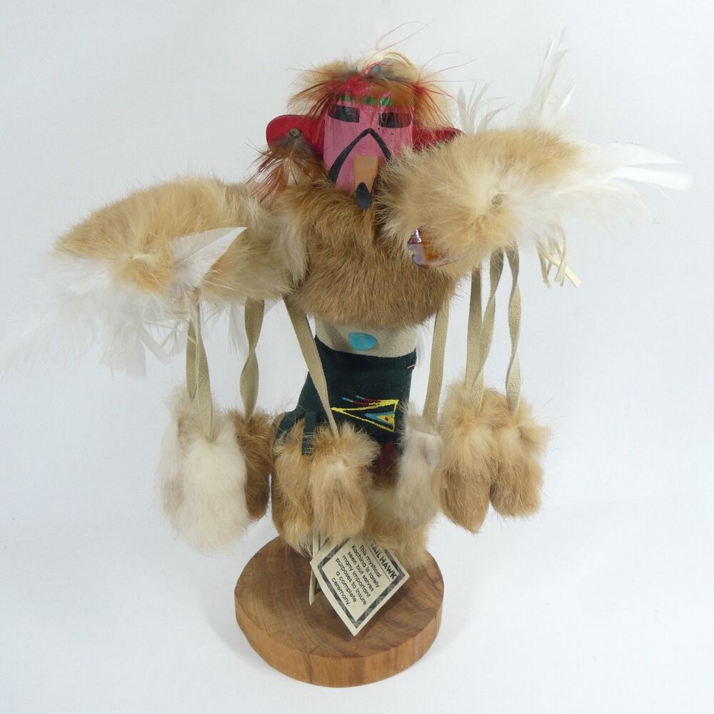 Signed Julie Loley Navajo Redtail Hawk Kachina Doll 10" Tall Handmade Fur NWT